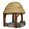 Outdoor Traditional Thatched Pavilion With Wooden Pillars Circular Pool And Stones