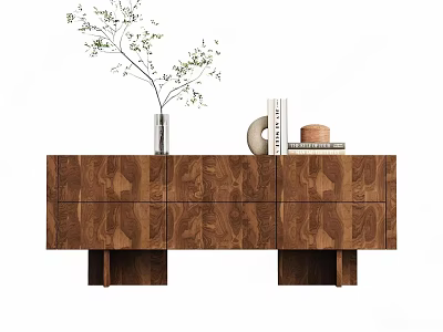 Modern Minimalist Wooden Console Table With Decorative Vase Books And Elegant Ornaments For Home Entryway 3d model