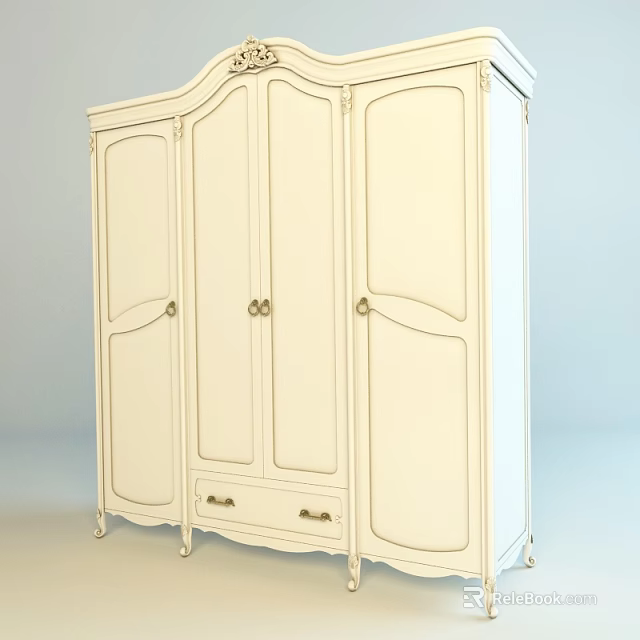 Classic White Wardrobe With Four Doors Curved Design Metal Handles And Bottom Drawers 3d model 