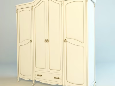 Classic White Wardrobe With Four Doors Curved Design Metal Handles And Bottom Drawers 3d model