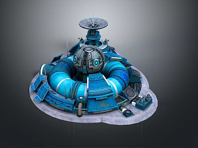 Cartoon Sci Fi Scene With Blue Circular Pipes Satellite Dish And Round Base 3d model