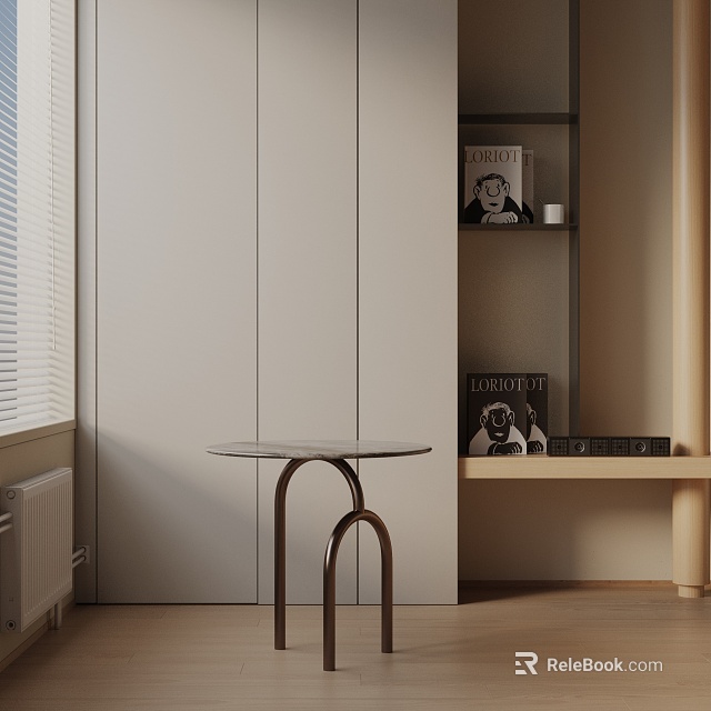 Round Metal Frame Side Table By Window With White Cabinet And Bookshelf Decor Items 3d model 