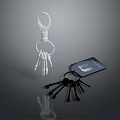 Keychain With Skeleton Keys And Mobile Phone On Reflective Dark Surface 3d model