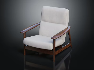 Modern Single Sofa With Light Colored Fabric And Wooden Armrests 3d model