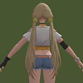 Anime Female Character With Blonde Twin Tails White T Shirt 02 Ripped Blue Denim Shorts