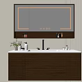 Modern Bathroom Vanity With LED Mirror Wooden Countertop Brown Cabinet And Toiletries