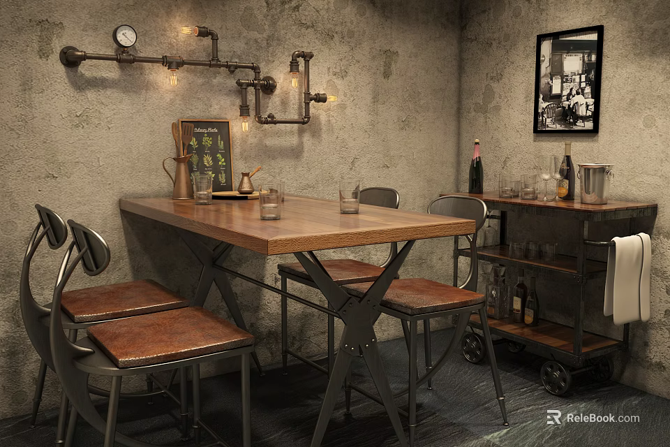 Vintage Industrial Dining Table Set With Wooden Top Metal Frame And Leather Seats 3d model 