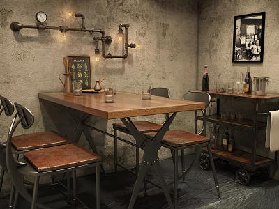 Vintage Industrial Dining Table Set With Wooden Top Metal Frame And Leather Seats 3d model