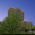 Aerial Planning of Modern Multistory Building with Greenery Palm Trees Road and Parking Area