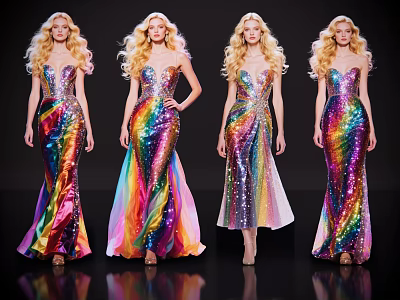 Group of Models Posing in Shiny Rainbow Sequin Gowns on Stage 3d model