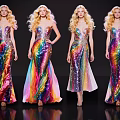 Group of Models Posing in Shiny Rainbow Sequin Gowns on Stage