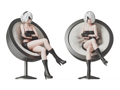 Female Figures With White Short Hair Sitting On Round Chairs In Black Outfits And Boots 3d model