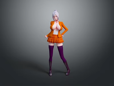 Anime Female Character With Silver Hair Orange Coat Plaid Skirt And Purple Thigh High Socks 3d model