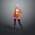 Anime Female Character With Silver Hair Orange Coat Plaid Skirt And Purple Thigh High Socks
