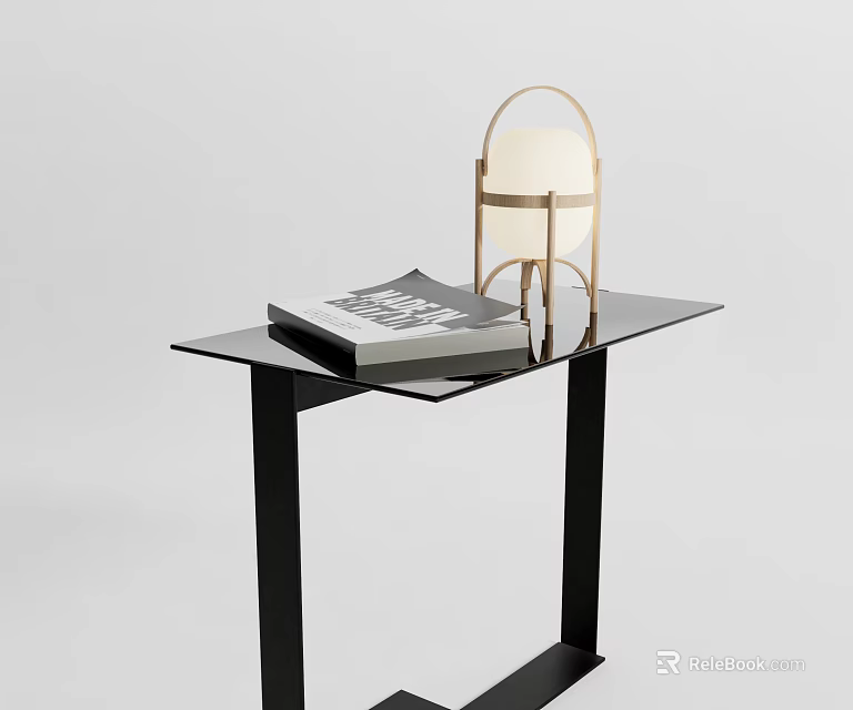Modern Side Table with Black Metal Frame Glass Top and Wooden Frame Lamp with Magazine 3d model 