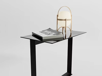 Modern Side Table with Black Metal Frame Glass Top and Wooden Frame Lamp with Magazine 3d model