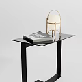 Modern Side Table with Black Metal Frame Glass Top and Wooden Frame Lamp with Magazine