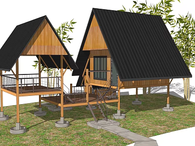 Wooden Guesthouse Building With Triangular Black Roof Balcony Staircase Surrounded By Green Plants And Grassland 3d model