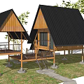 Wooden Guesthouse Building With Triangular Black Roof Balcony Staircase Surrounded By Green Plants And Grassland