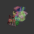Steampunk Mechanical Cart With Metal Structure Pipes Wheels And Colorful Bottles