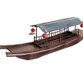 Traditional Wooden Boat With Covered Roof And Red Lanterns On Deck