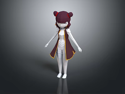 3D Game Movie Character With Red Double Buns White Body Maroon Outfit Yellow Trim 3d model