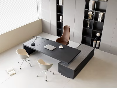 Modern Office Desk Interior With Laptop Desk Lamp White Chairs And Decorative Bookshelves 3d model