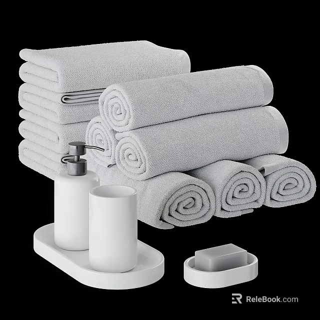 Gray Towels Stacked And Rolled With Soap Dispenser Tumbler And Soap Dish In Bathroom Setup 3d model 