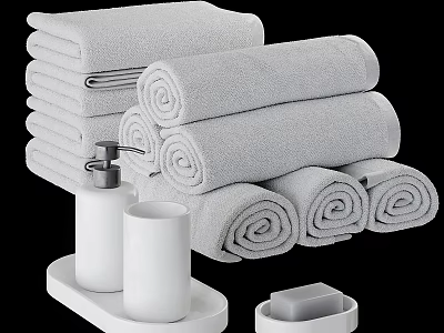 Gray Towels Stacked And Rolled With Soap Dispenser Tumbler And Soap Dish In Bathroom Setup 3d model