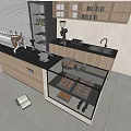Modern Kitchen Bar Counter With Glass Display Cabinet Pastries Coffee Machine And Wooden Cabinets