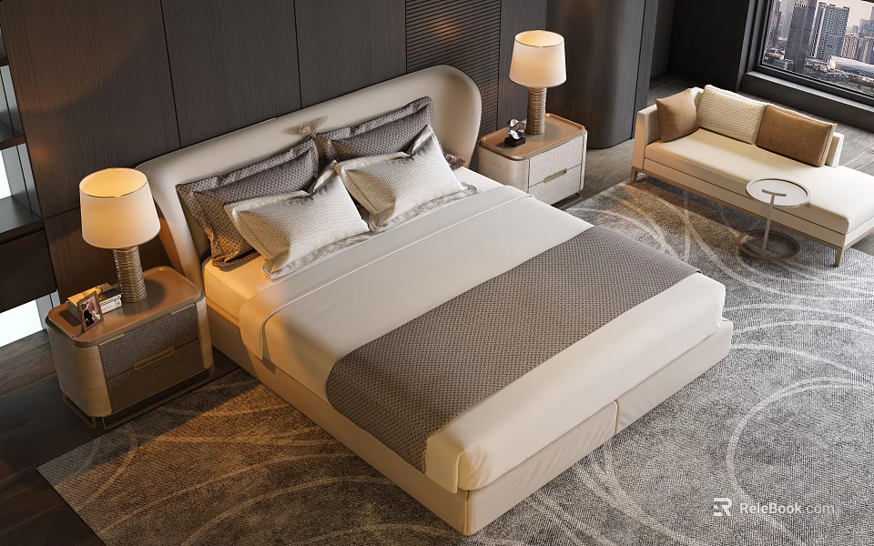 Modern Elegant Bedroom Double Bed with Bedside Tables Table Lamps Sofa and Rug 3d model 