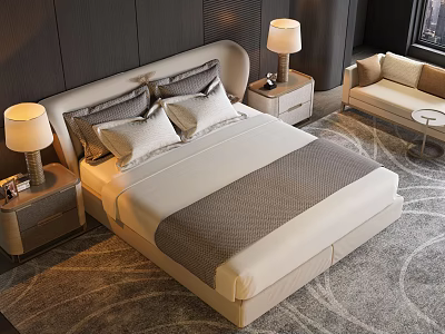 Modern Elegant Bedroom Double Bed with Bedside Tables Table Lamps Sofa and Rug 3d model