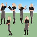 Multiple Blond Women in Black Tops Gray Skirts Holding Folders Phones Various Poses