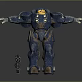 Blue Robot With Yellow Head And Rusted Armor Standing Beside Large Gun