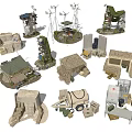 Diverse Garden Ornaments With Tents Towers Windmills Stone Structures And Vehicles