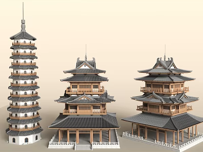 Three Traditional Multi Tiered Pagodas With Curved Roofs And Wooden Pedestals Design 3d model