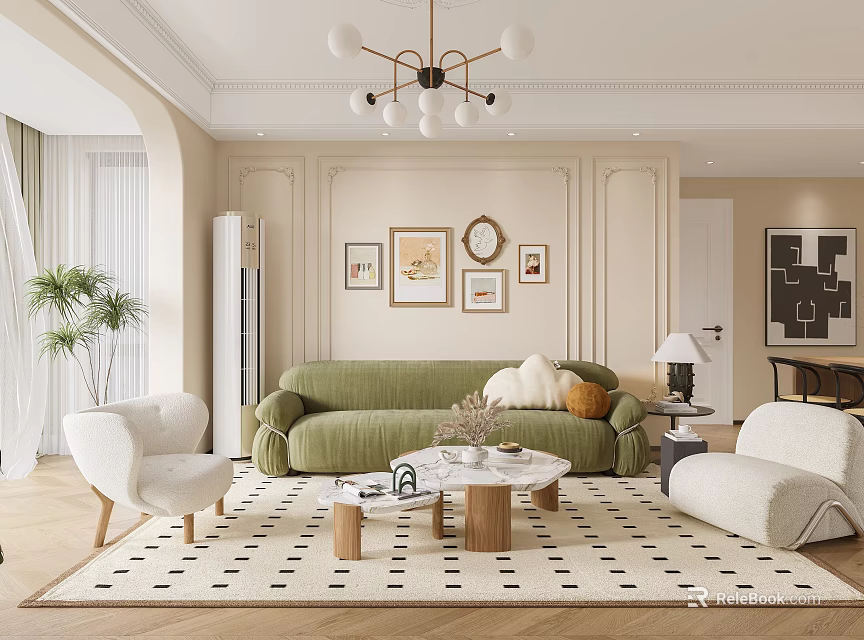 Modern Living Room Interior Design With Green Sofa White Armchairs And Coffee Table 3d model