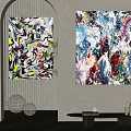 Vibrant Abstract Paintings In Modern Interior With Green Plant And Decorative Balls