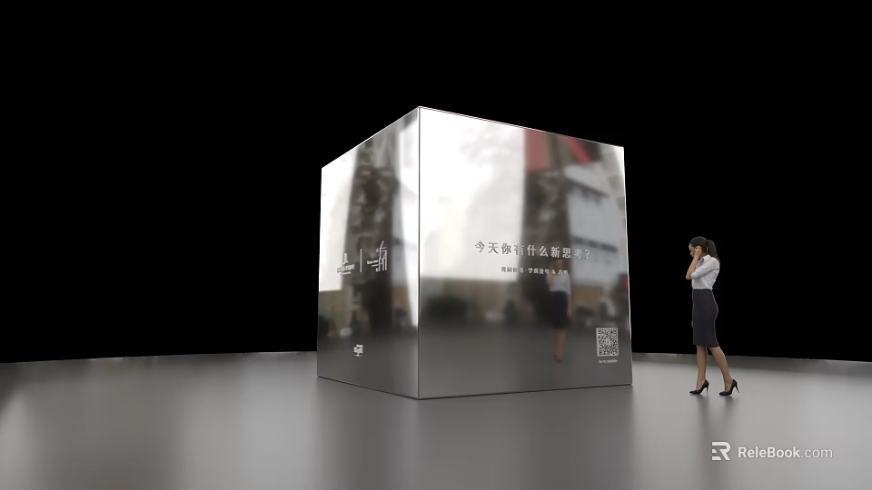 Silver Cube Art Installation With Text QR Code Woman Observing On Sleek Black Background 3d model