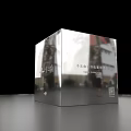 Silver Cube Art Installation With Text QR Code Woman Observing On Sleek Black Background 3d model