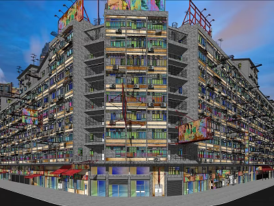 Rural Self Built House Multi Story Building With Balconies Colorful Signs And Ground Floor Shops 3d model