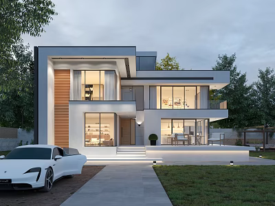 Modern Single Family Villa Exterior With Landscaping And Luxury Car 3d model