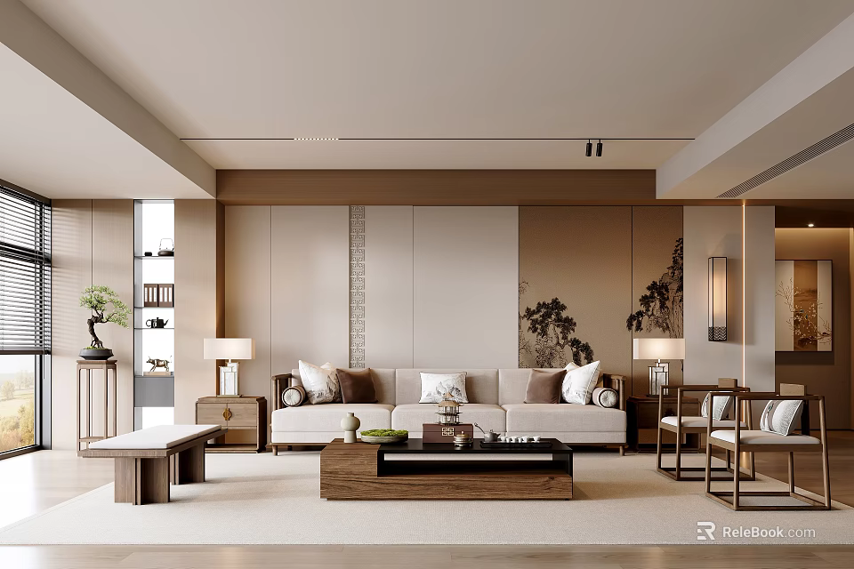 Neutral Tones Living Room Interior Design With Beige Sofa Wooden Coffee Table And Decorative Lamps 3d model 