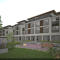 Modern Townhouse Exterior With Landscaped Garden Lawn Large Windows And Outdoor Bench