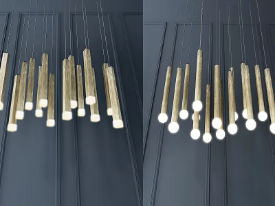 Modern Golden Brass Hanging Chandelier With Slim Cylindrical Tubes And White Light Sources 3d model