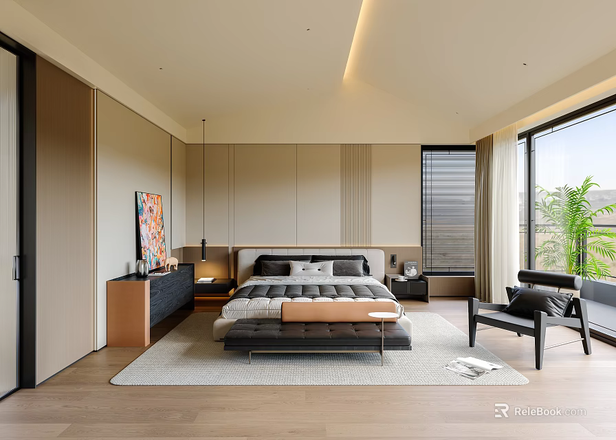 Modern Bedroom Interior With Platform Bed Nightstands Area Rug Accent Chair And Large Window 3d model 