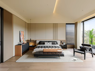 Modern Bedroom Interior With Platform Bed Nightstands Area Rug Accent Chair And Large Window 3d model
