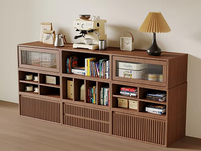 Wooden Sideboard with Open Closed Compartments Storage Coffee Machine Lamp and Books 3d model