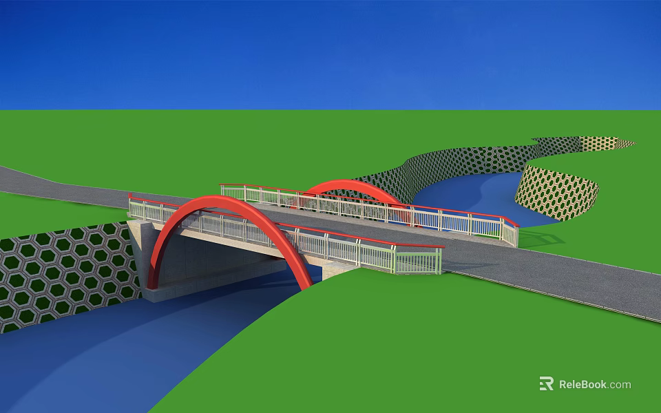 Red Arch Bridge Spanning Blue River With White Railings And Green Grass 3d model 