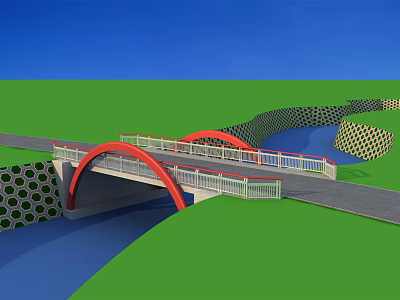 Red Arch Bridge Spanning Blue River With White Railings And Green Grass 3d model